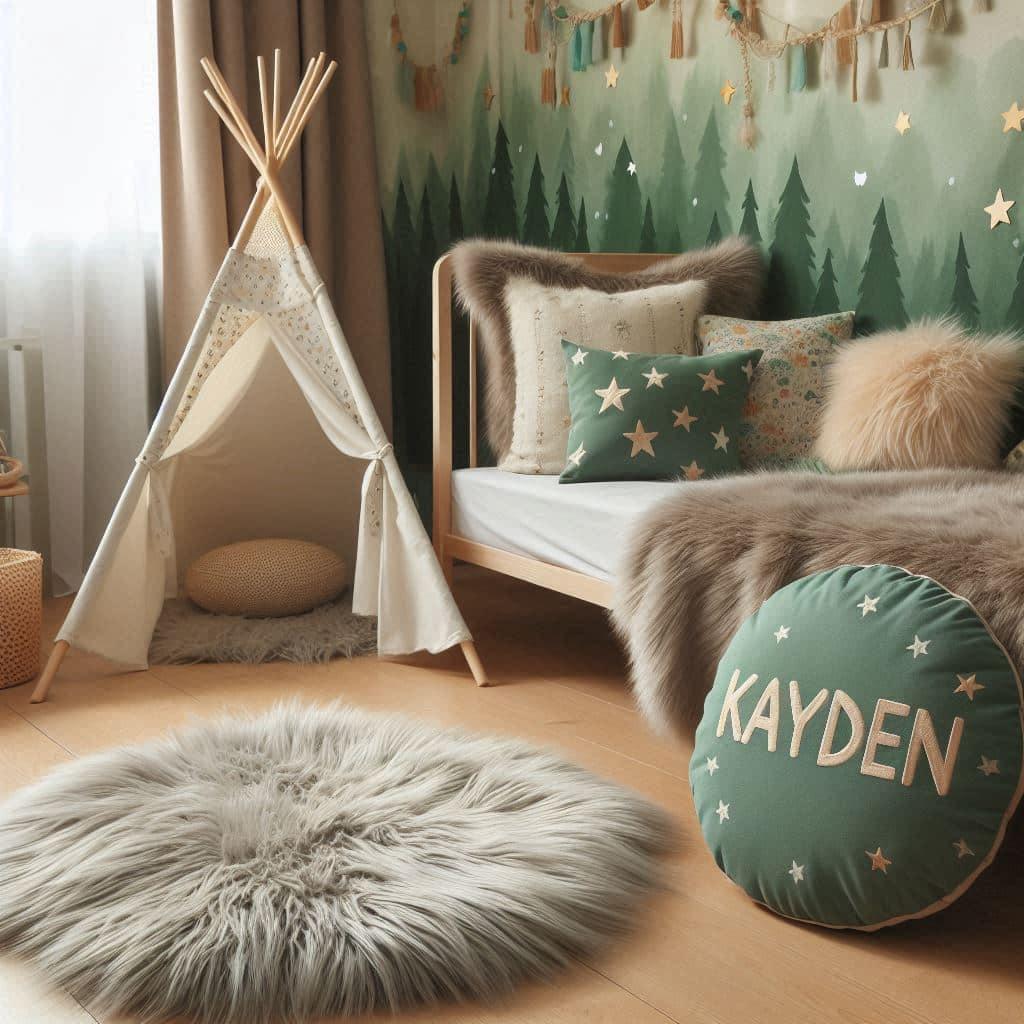 Chambre enfant couleur vert d deau beige et gris petit canape et tipi prenom kayden