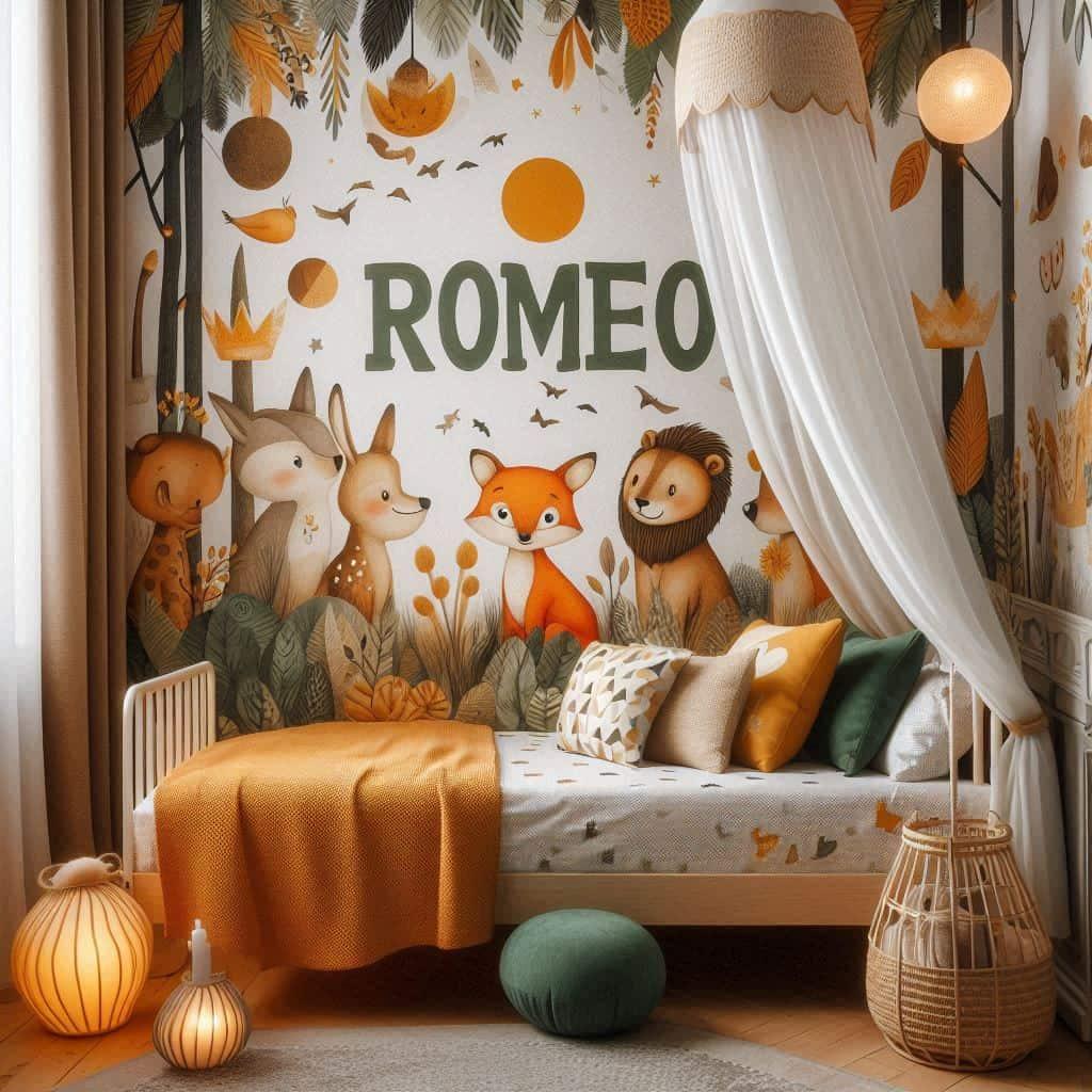 Chambre enfant deco renard avec ciel de lit personnalise avec le prenom romeo pour une immersion