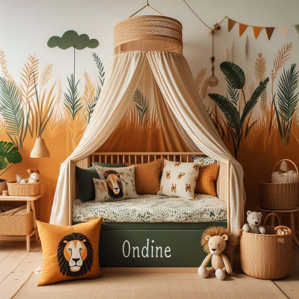 Chambre enfant decoration theme des animaux de la savane prenom ondine