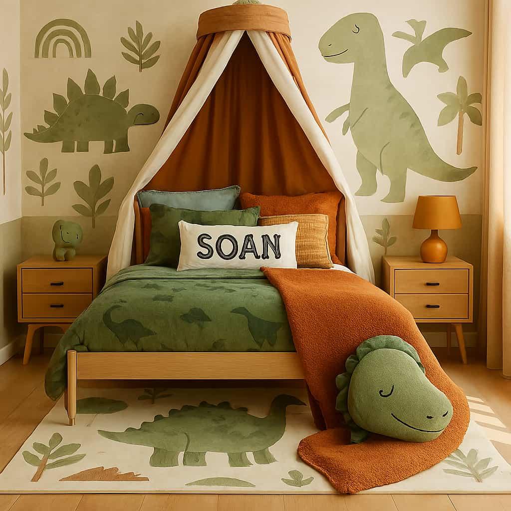 Chambre enfant dinosaure avec decoration personnalisee au prenom soan lit a baldaquin et coussin personnalise