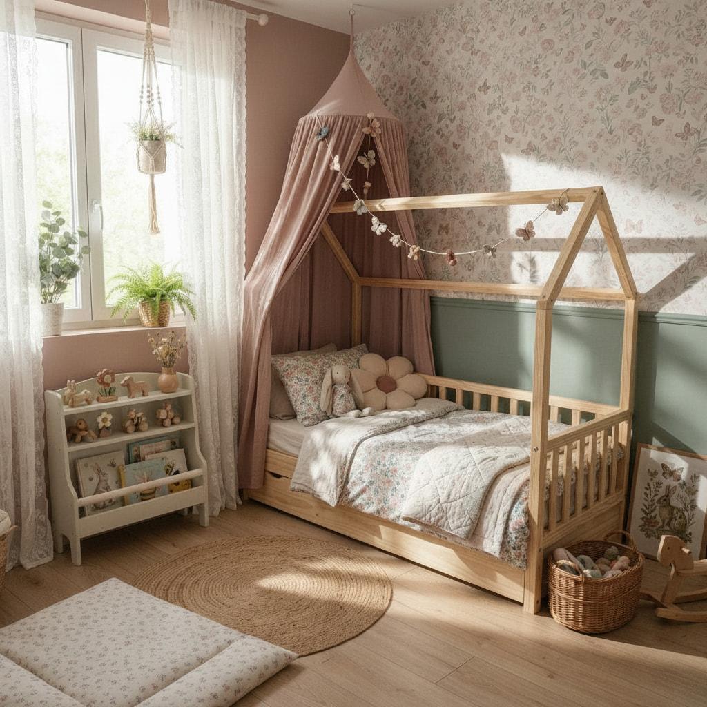 Chambre enfant fleurs et jardins avec lit cabane en bois clair canopy rose poudre papier peint papillons decoration florale jouets en bois et ambiance naturelle douce 1