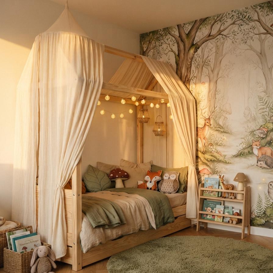 jolie chambre enfant foret enchantee avec lit cabane en bois clair canopy leger et fresque d animaux des bois