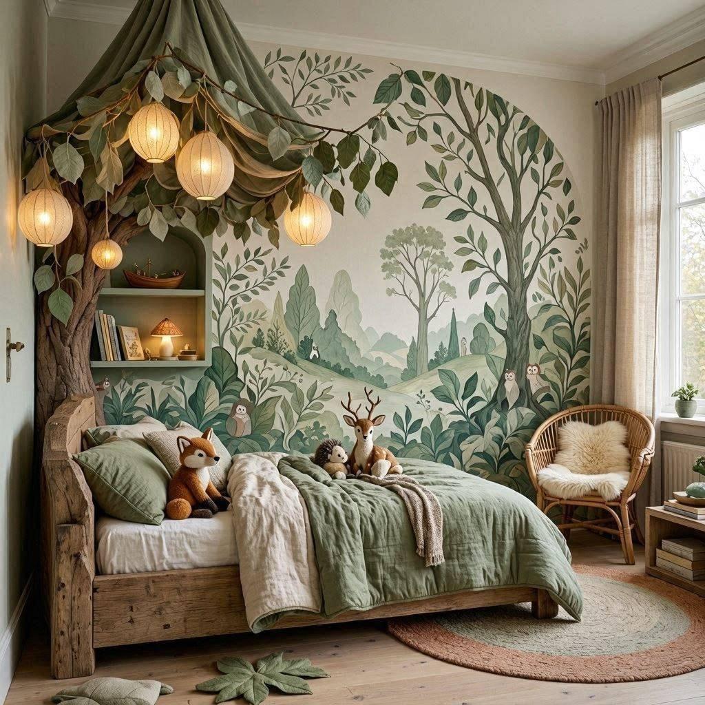 Chambre enfant foret enchantee avec lit en bois canopy arbre et lanternes lumineuses