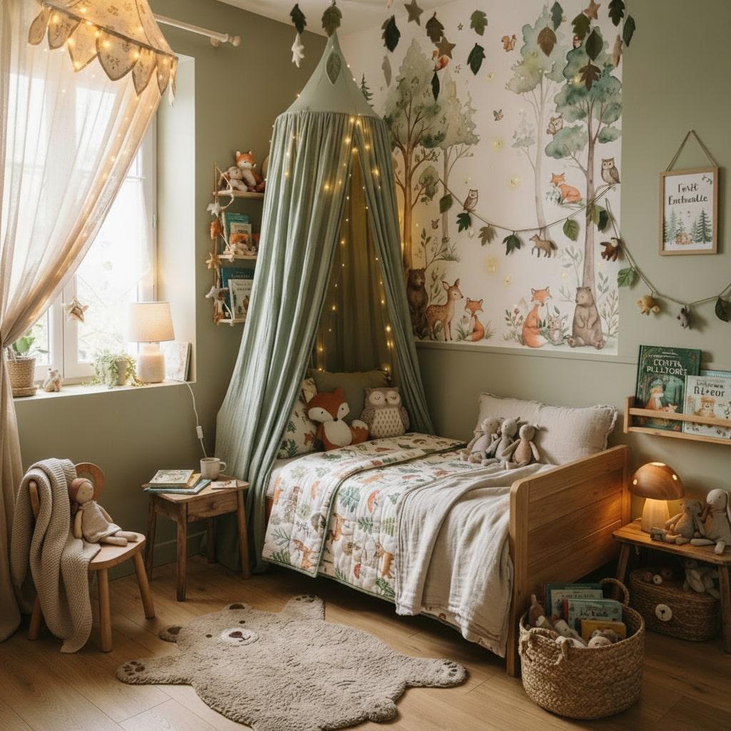 Chambre enfant foret enchantee avec lit en bois canopy vert et fresque d animaux des bois
