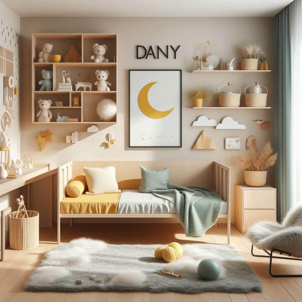 Chambre enfant inspiree par prenom dany jaune pale orange doux bleu clair meubles modulables etageres ouvertes objets decoratifs inspirants espace dynamique et accueillant lit mont