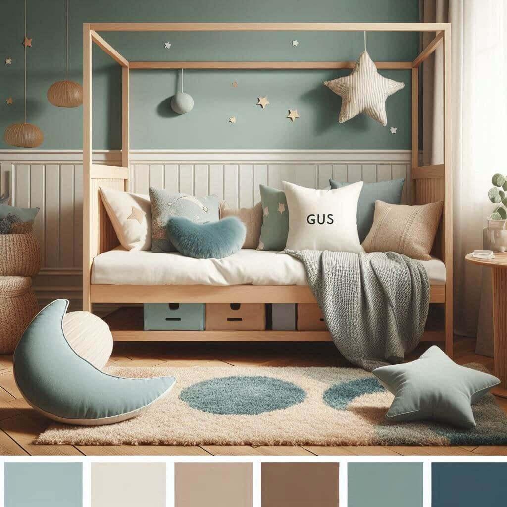 Chambre enfant avec lit cabane, coussins lune et étoiles, palette de couleurs douces.