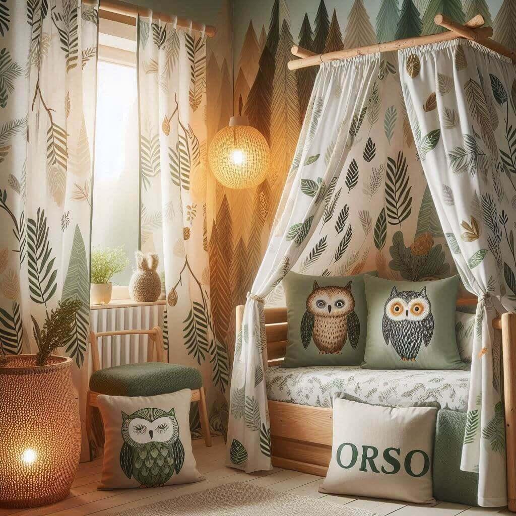 Chambre enfant Orso avec lit cabane, rideaux hibou et coussin personnalisé