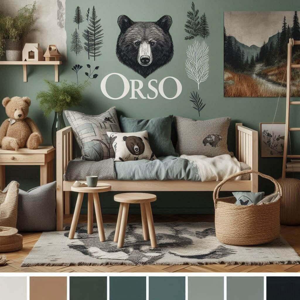 Chambre enfant Orso avec décor ours, nature sauvage et couleurs naturelles