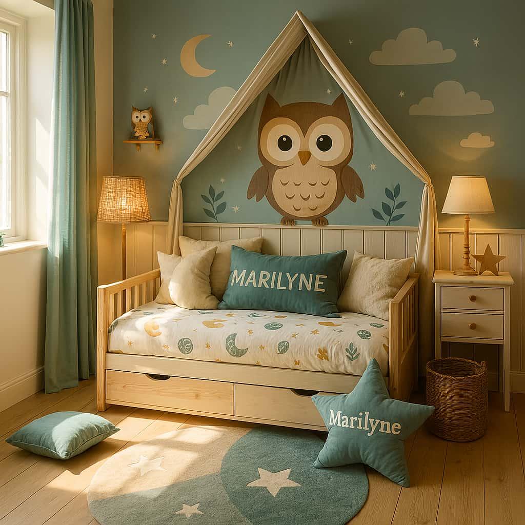 Chambre enfant personnalisee marilyne avec lit cabane decoration hibou lumiere naturelle traversante style doux et scandinave