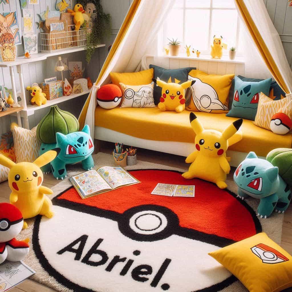 Chambre enfant pokemon avec tons jaune rouge et bleu tapis pokeballs et pikachu peluches pikachu bulbizarre dracaufeu tipi style arene pokemon cahiers de coloriage coussin personna