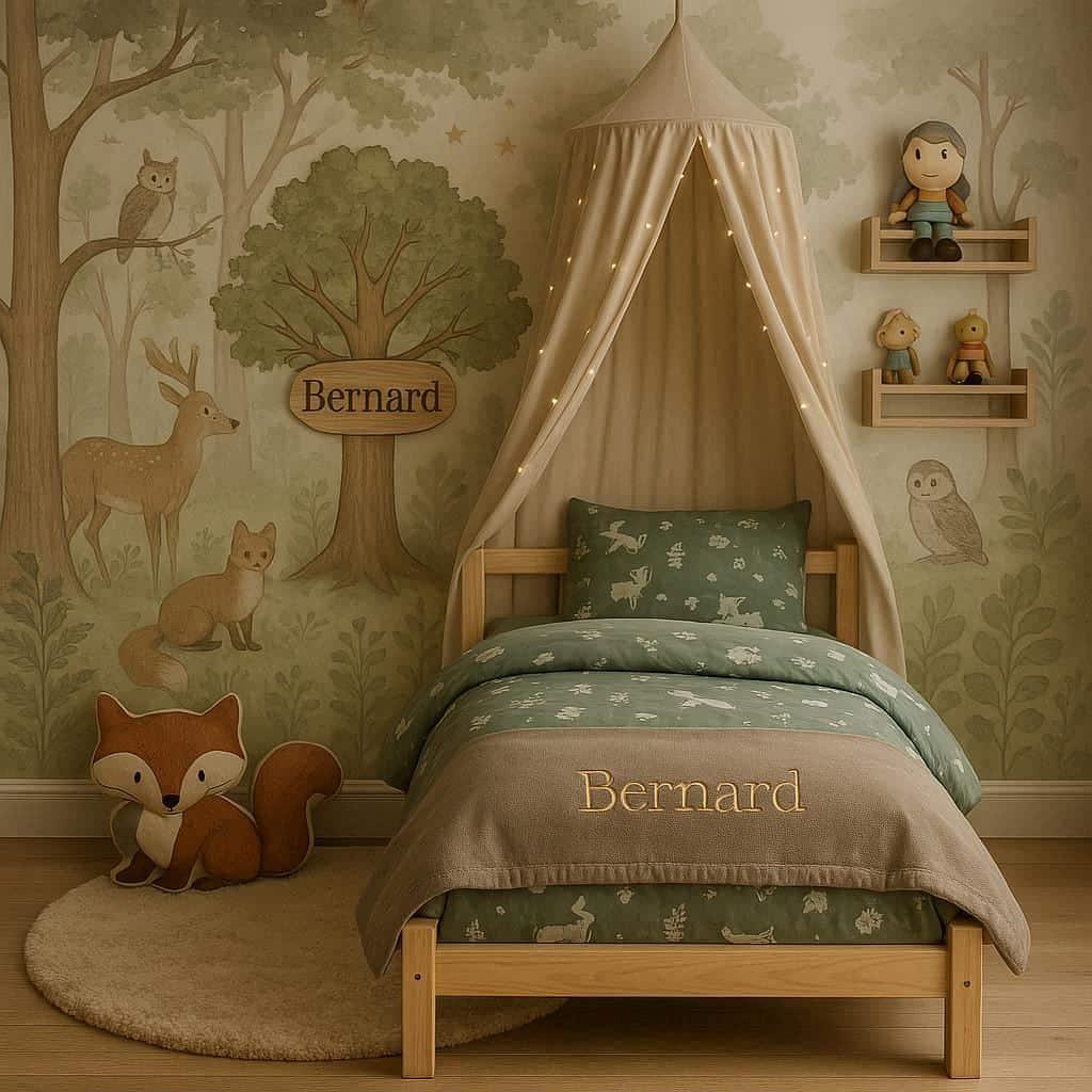 Chambre enfant sur le theme des animaux de la foret mur avec papier peint cerfs renards et hiboux arbre en bois grave bernard lit en bois brut avec couette vert foret et plaid taup