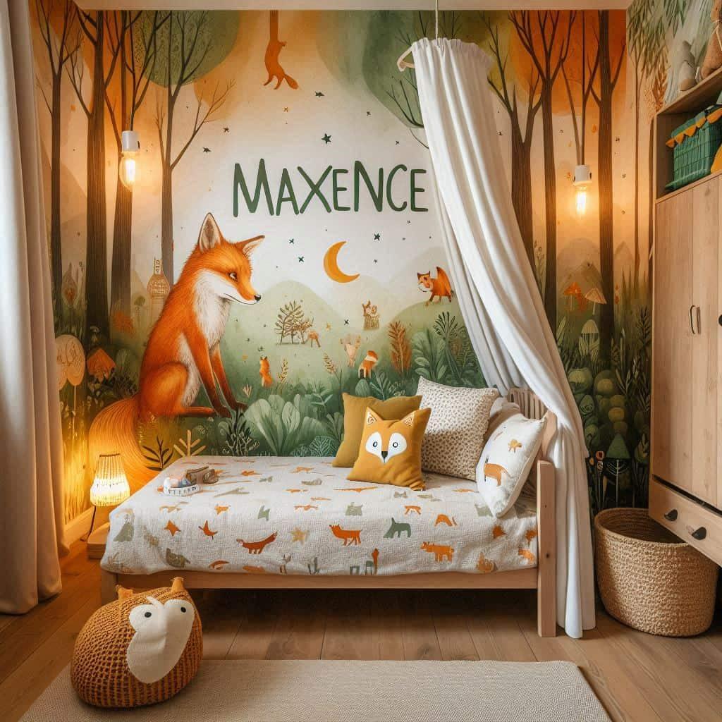 Chambre enfant thème animaux de la forêt personnalisée avec le prénom Maxence