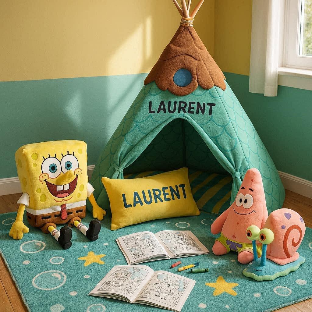 Chambre enfant theme deco bob l eponge personnalisee au prenom de laurent coin espace jeu