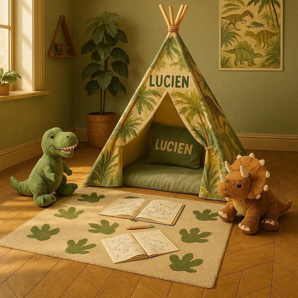 Chambre enfant theme dinosaure coin jeu prenom lucien ecrit sur le coussin