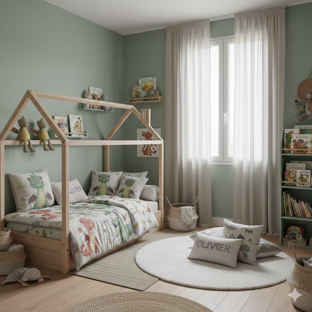 Chambre enfant thème dragons gentils avec lit cabane, livres, tapis, peluches dragons et prénom Olivier