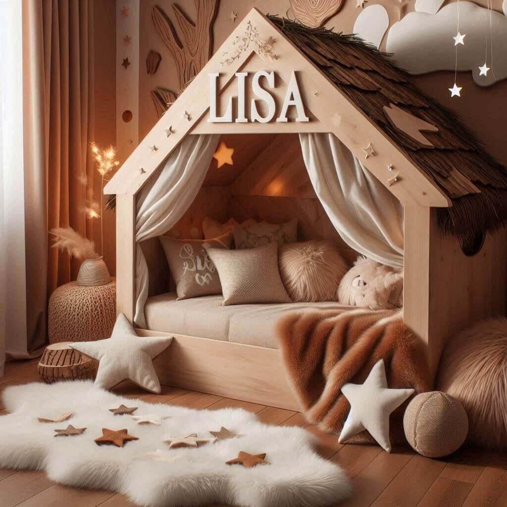Chambre enfant theme foret avec lit cabane avec le prenom lisa avec tapis fourure et des coussins etoiles prenom lisa dans la decoration le tapis fourure 1 1