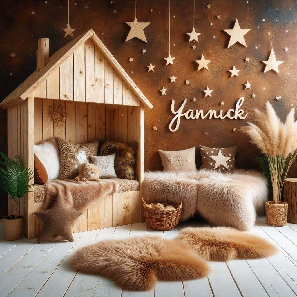 Chambre enfant theme foret avec lit cabane avec le prenom yannick avec tapis fourure et des coussins etoiles prenom yannick