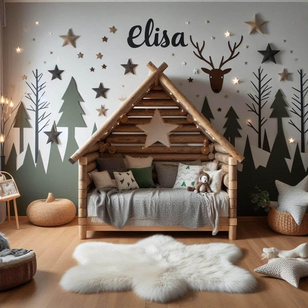 Chambre enfant theme foret avec lit cabane en forme de maison avec tapis fourure et des coussins etoiles prenom elisa 1 1