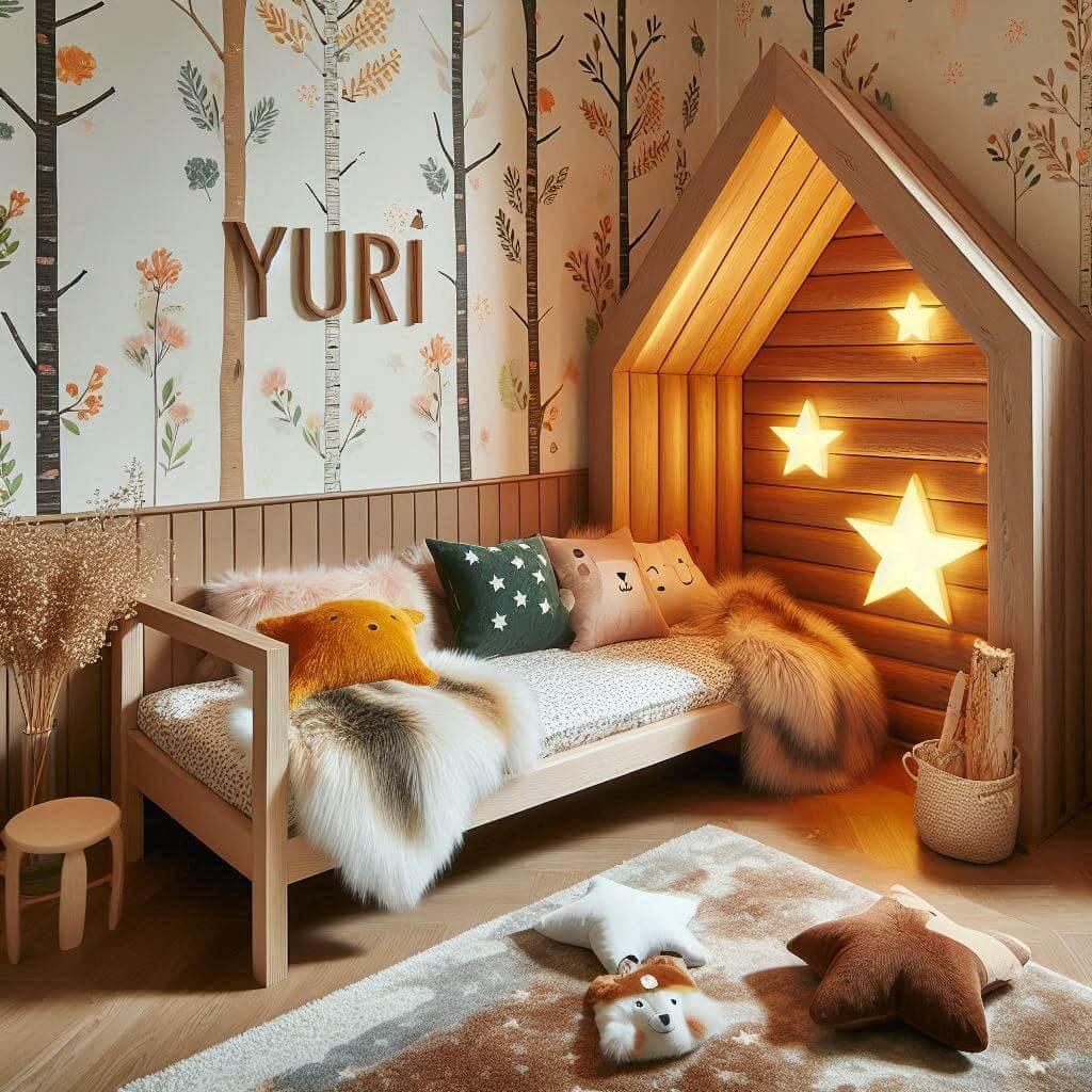 Chambre enfant theme foret avec lit cabane en forme de maison prenom yuri