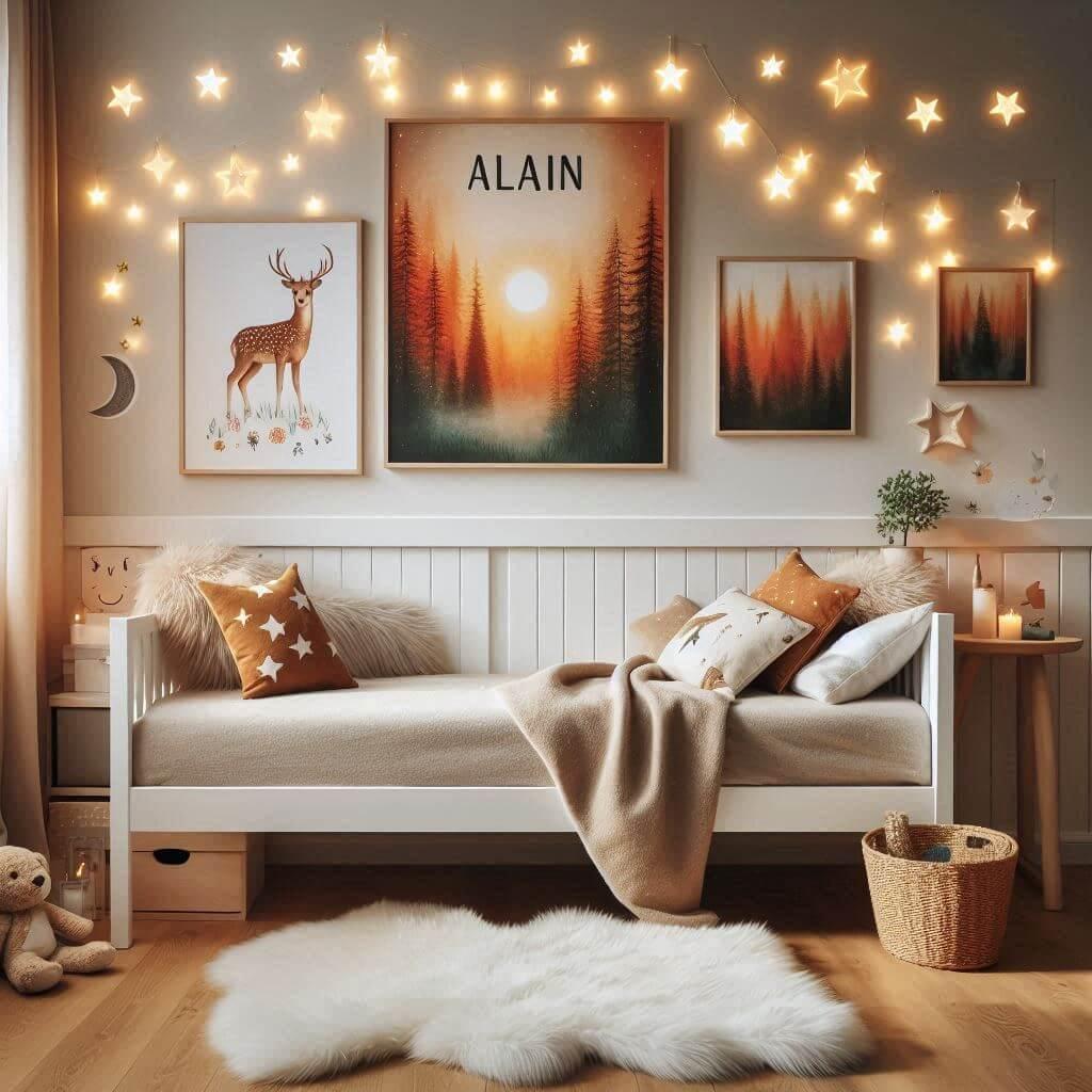 Chambre enfant theme foret avec lit simple avec tapis fourure et des coussins etoiles prenom alain ecrit sur le coussin guirlande lumineuse 2 1