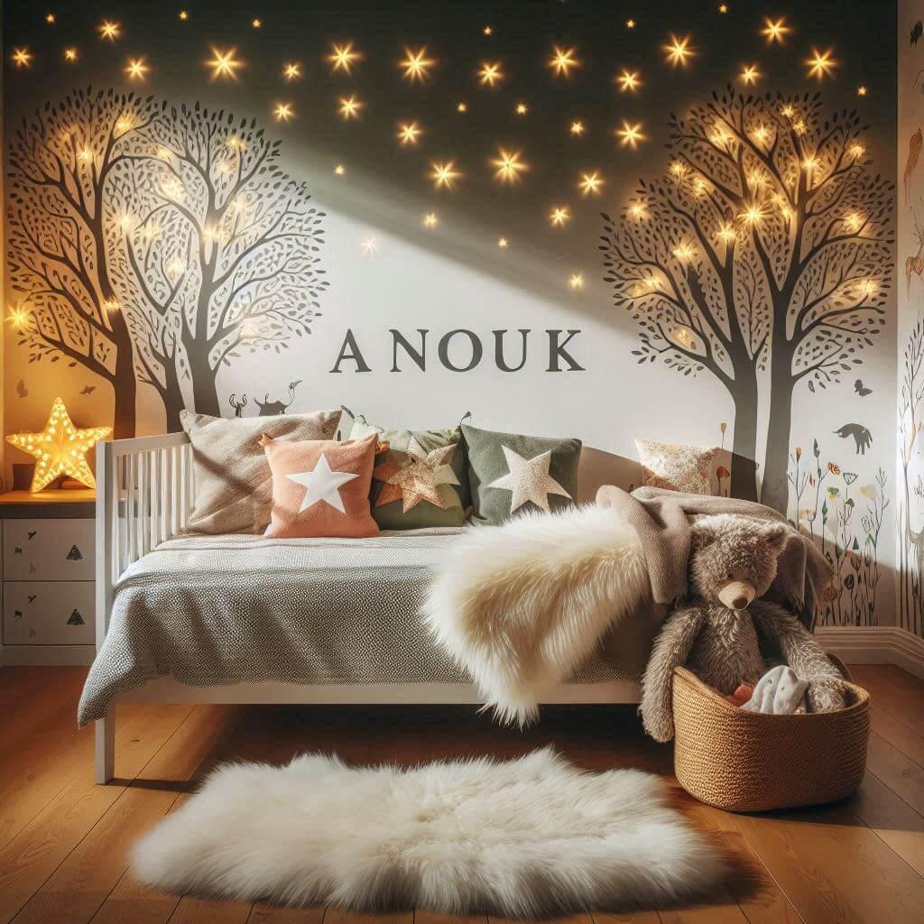 Chambre enfant theme foret avec lit simple avec tapis fourure et des coussins etoiles prenom anouk ecrit sur le coussin guirlande lumineuse vue de zoom 1 1