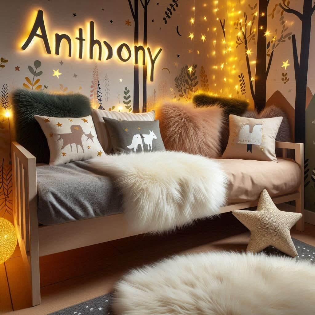 Chambre enfant theme foret avec lit simple avec tapis fourure et des coussins etoiles prenom anthony ecrit sur le coussin guirlande lumineuse vue de zoom 1