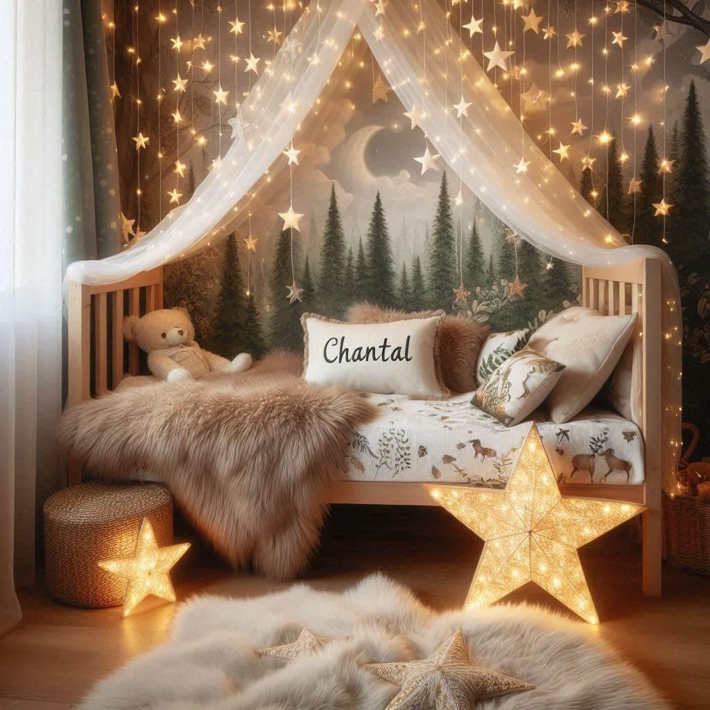 Chambre enfant theme foret avec lit simple avec tapis fourure et des coussins etoiles prenom chantal ecrit sur le coussin guirlande lumineuse 1