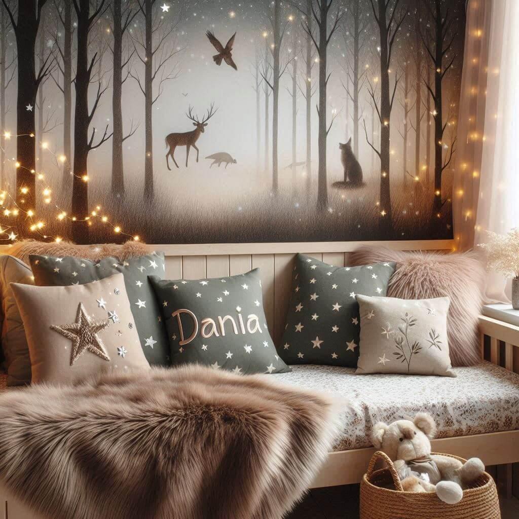 Chambre enfant theme foret avec lit simple avec tapis fourure et des coussins etoiles prenom dania ecrit sur le coussin guirlande lumineuse vue de zoom 1
