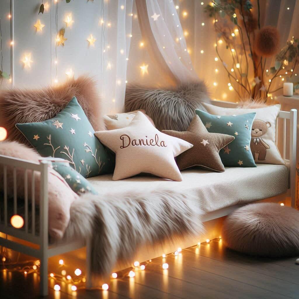 Chambre enfant theme foret avec lit simple avec tapis fourure et des coussins etoiles prenom daniela ecrit sur le coussin guirlande lumineuse vue de zoom 1