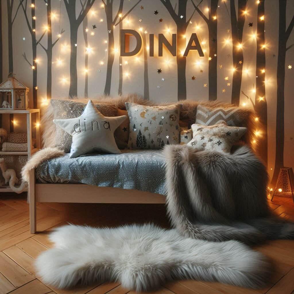 Chambre enfant theme foret avec lit simple avec tapis fourure et des coussins etoiles prenom dina ecrit sur le coussin guirlande lumineuse vue de zoom 1
