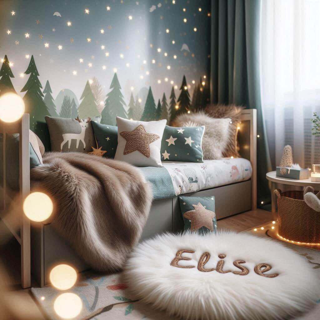 Chambre enfant theme foret avec lit simple avec tapis fourure et des coussins etoiles prenom elise ecrit sur le coussin guirlande lumineuse vue de zoom 1