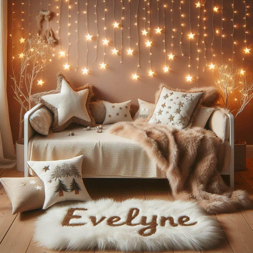 Chambre enfant theme foret avec lit simple avec tapis fourure et des coussins etoiles prenom evelyne ecrit sur le coussin guirlande lumineuse vue de zoom 1 1