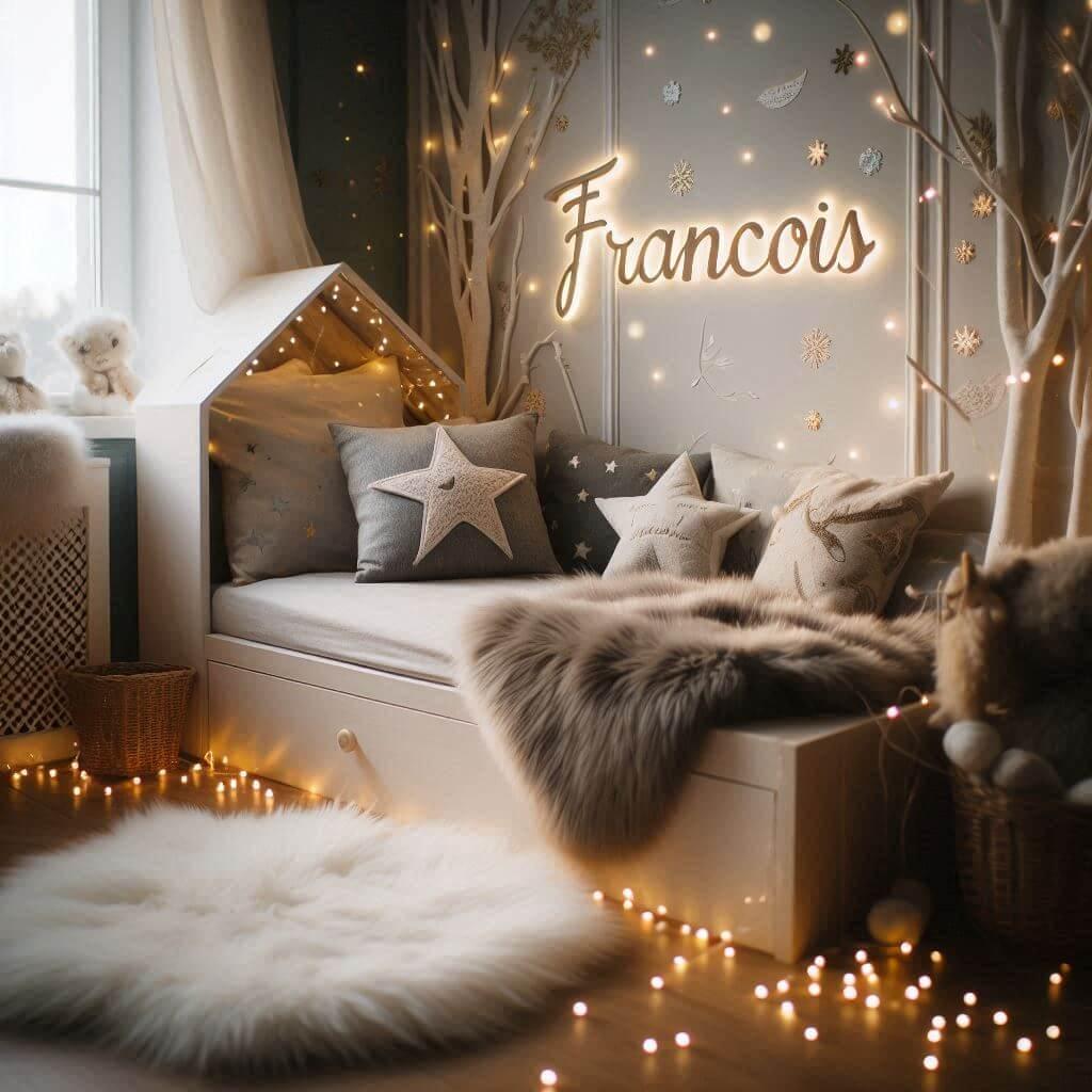 Chambre enfant theme foret avec lit simple avec tapis fourure et des coussins etoiles prenom francois ecrit sur le coussin guirlande lumineuse vue de zoom francois 1