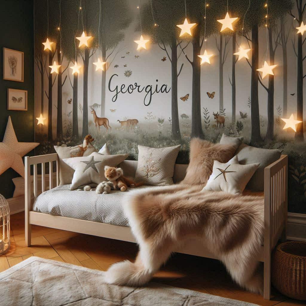 Chambre enfant theme foret avec lit simple avec tapis fourure et des coussins etoiles prenom georgia ecrit sur le coussin guirlande lumineuse vue de zoom 1