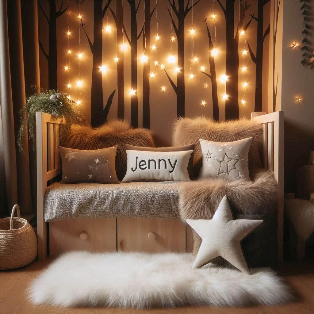 Chambre enfant theme foret avec lit simple avec tapis fourure et des coussins etoiles prenom jenny ecrit sur le coussin guirlande lumineuse 1