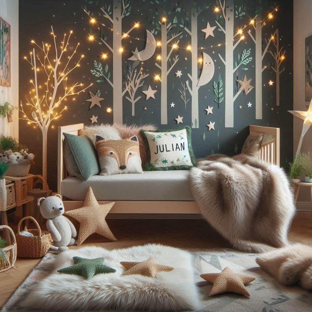 Chambre enfant theme foret avec lit simple avec tapis fourure et des coussins etoiles prenom julian ecrit sur le coussin guirlande lumineuse discrete vue de zoom 1