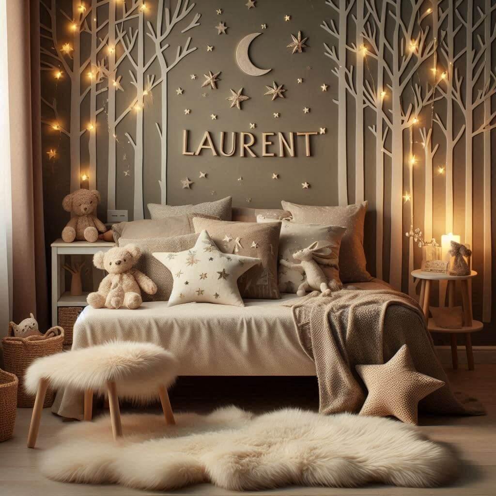 Chambre enfant theme foret avec lit simple avec tapis fourure et des coussins etoiles prenom laurent ecrit sur le coussin guirlande lumineuse discrete vue de zoom 1