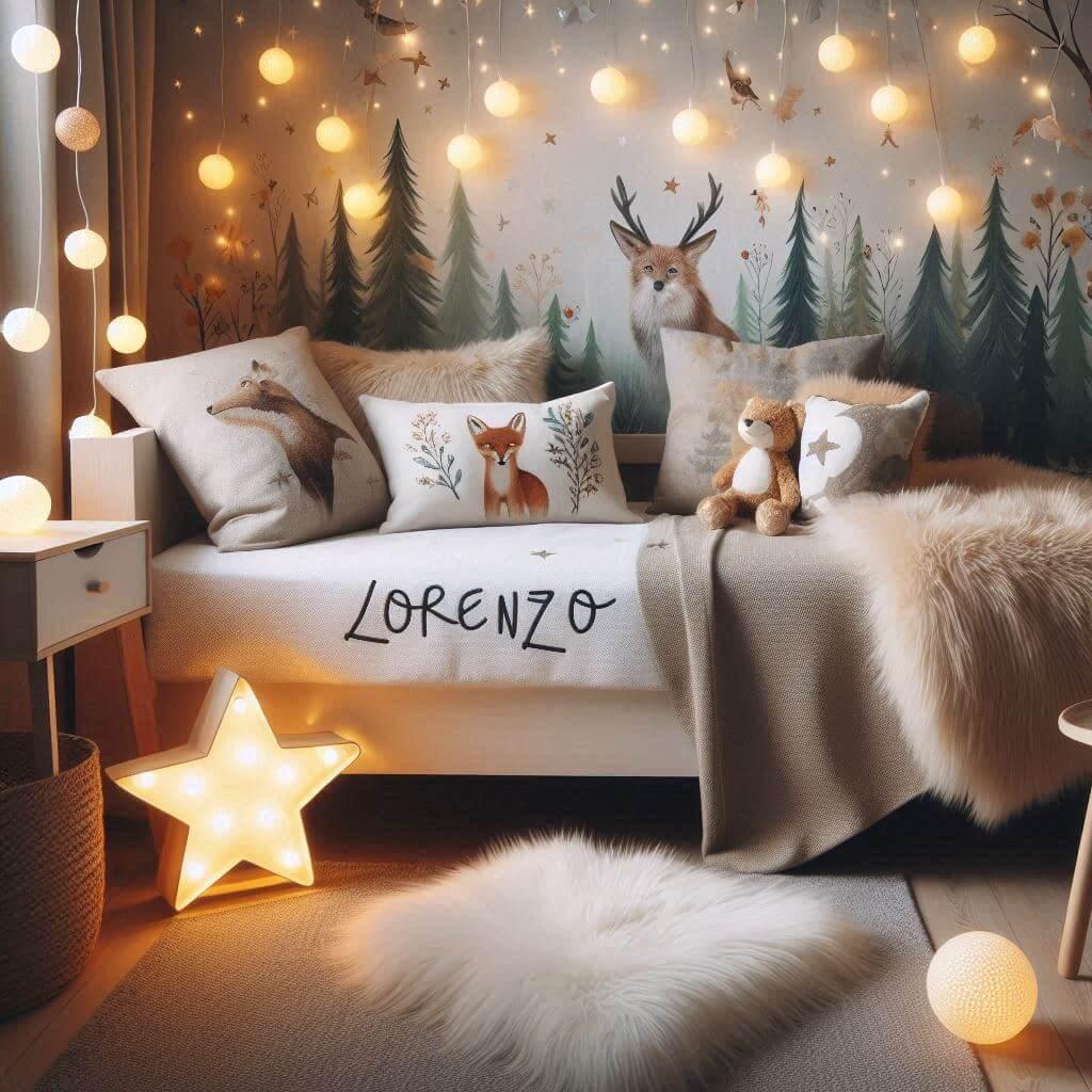 Chambre enfant thème forêt avec lit simple, coussins étoilés, prénom Lorenzo et guirlande lumineuse.