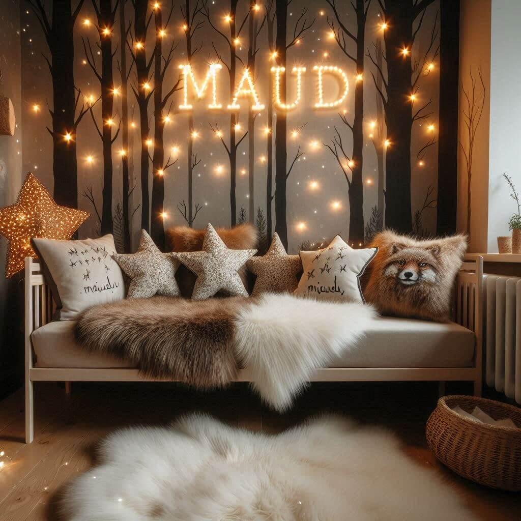 Chambre enfant theme foret avec lit simple avec tapis fourure et des coussins etoiles prenom maud ecrit sur le coussin guirlande lumineuse vue de zoom 1 2