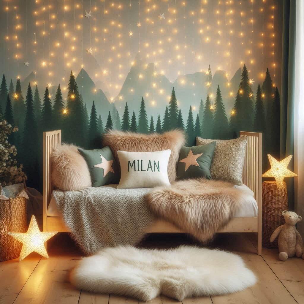 Chambre enfant theme foret avec lit simple avec tapis fourure et des coussins etoiles prenom milan ecrit sur le coussin guirlande lumineuse vue de zoom 1