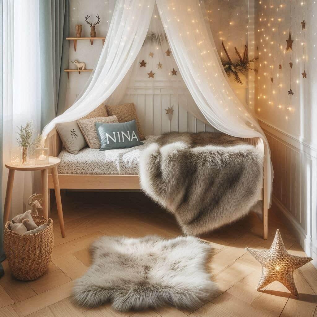 Chambre enfant thème forêt avec lit simple, tapis en fourrure, coussins étoiles, guirlande lumineuse, prénom Nina écrit sur le coussin, vue zoom