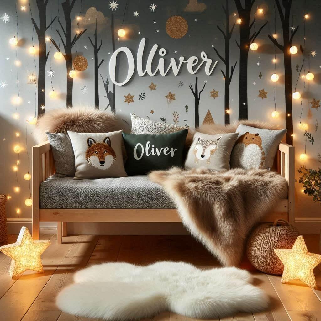 Chambre enfant theme foret avec lit simple avec tapis fourure et des coussins etoiles prenom oliver ecrit sur le coussin guirlande lumineuse vue de zoom 1
