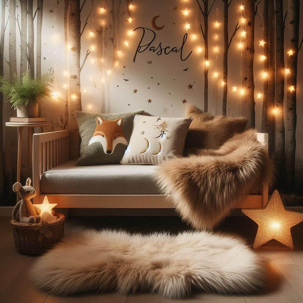 Chambre enfant theme foret avec lit simple avec tapis fourure et des coussins etoiles prenom pascal ecrit sur le coussin guirlande lumineuse vue de zoom 1