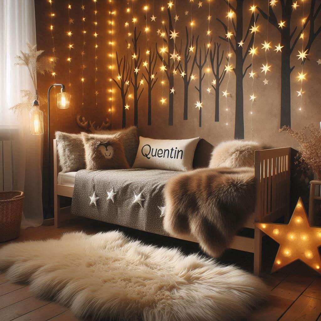 Chambre enfant theme foret, prenom quentin, guirlande lumineuse, tapis de fourure