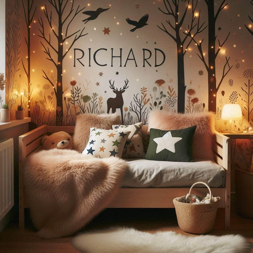 Chambre enfant theme foret avec lit simple avec tapis fourure et des coussins etoiles prenom richard ecrit sur le coussin guirlande lumineuse vue de zoom 1 1