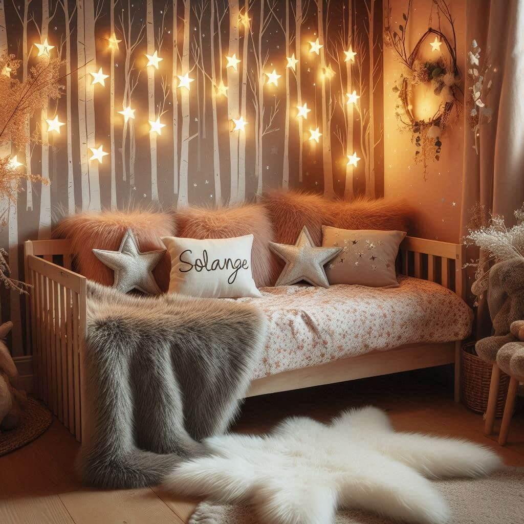 Chambre enfant theme foret avec lit simple avec tapis fourure et des coussins etoiles prenom solange ecrit sur le coussin guirlande lumineuse vue de zoom 1 1 1