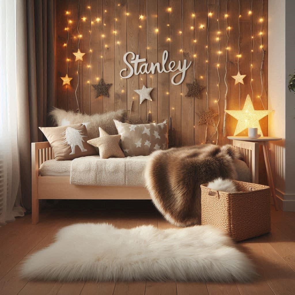 Chambre enfant theme foret avec lit simple avec tapis fourure et des coussins etoiles prenom stanley ecrit sur le coussin guirlande lumineuse