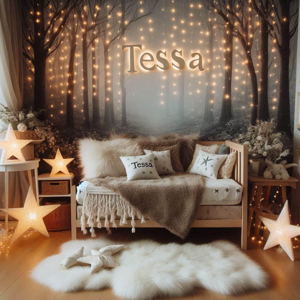 Chambre enfant theme foret avec lit simple avec tapis fourure et des coussins etoiles prenom tessa ecrit sur le coussin guirlande lumineuse vue de zoom 1 1
