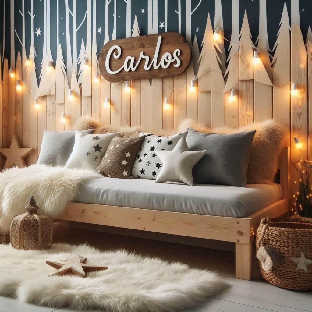 Chambre enfant theme foret avec lit simple tapis fourrure coussins etoiles prenom carlos ecrit sur le coussin guirlande lumineuse vue de zoom 1