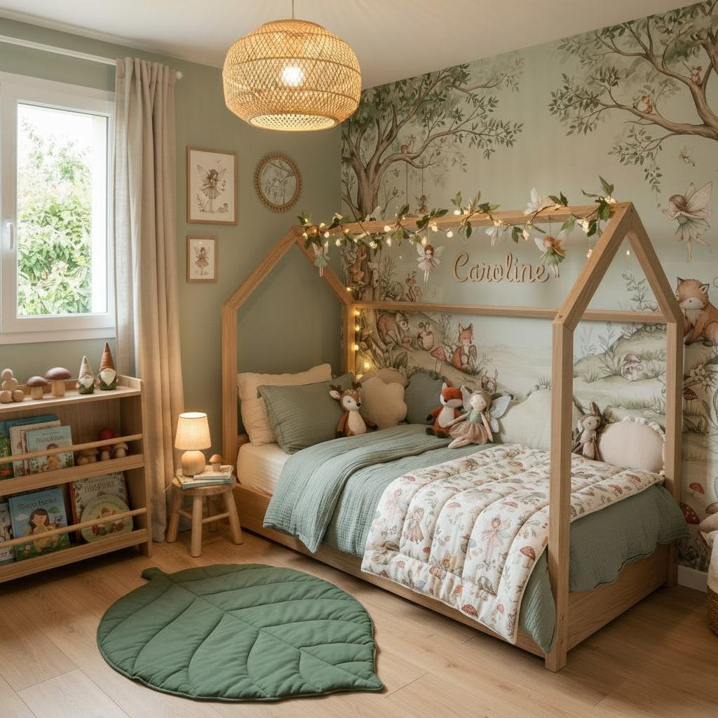 Chambre enfant theme foret enchantee avec lit cabane en bois guirlande lumineuse mur illustre d animaux et fees tapis feuille vert et prenom caroline en decor mural
